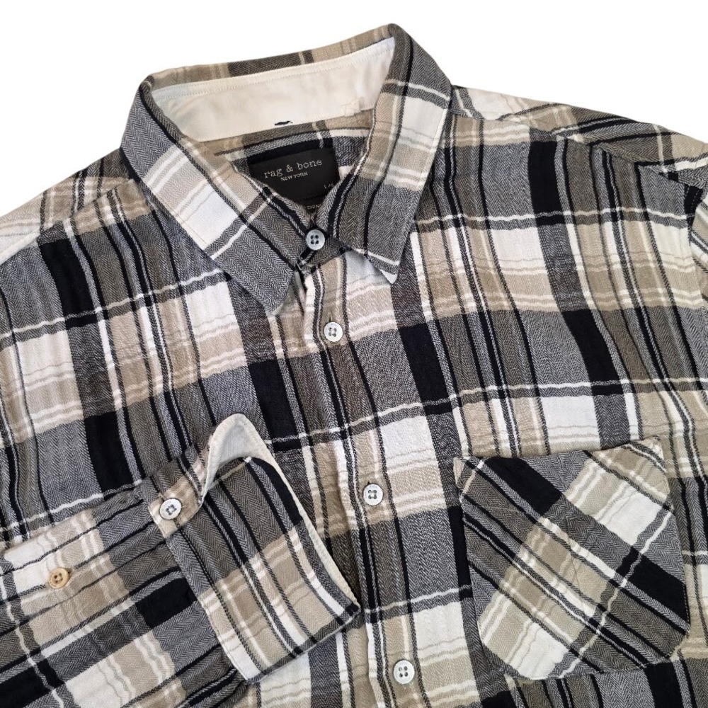 rag & bone Mens L Textured Shirt Black White Tan Plaid Button Down Long Sleeve